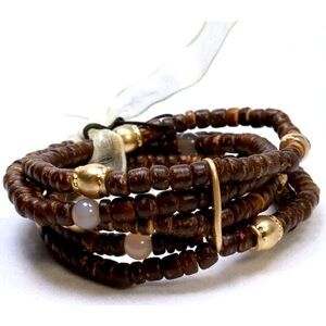 CARA BROWN WOODEN BEADED GOLD TONE MULTI ROW STRETCH BRACELET